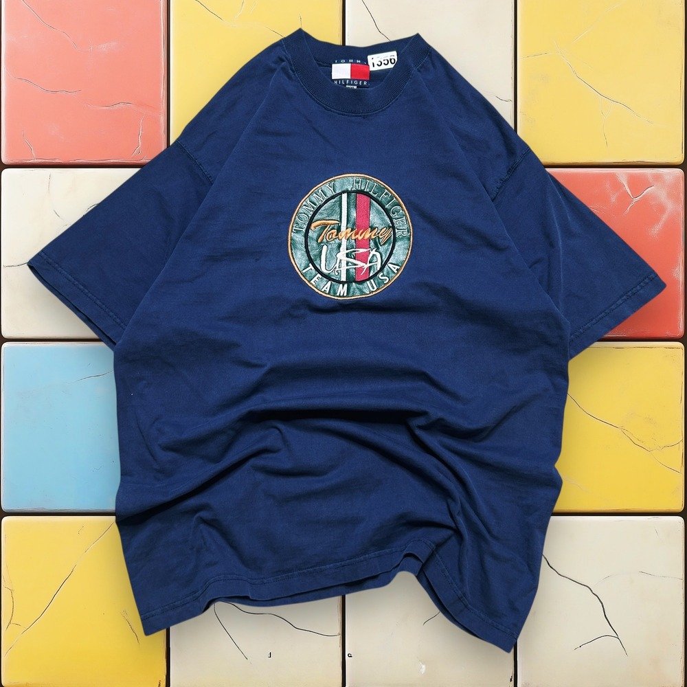 Vintage Tommy Hilfiger Team USA T-Shirt 90s Men 2XL Blue Embroidered Big Logo